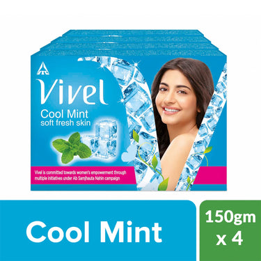 Vivel Cool Mint, Soft Fresh Skin Soap, 600g (150g - Pack of 4), Soap for Women & Men for Soft, Glowing & Moisurised Skin, All Skin Types